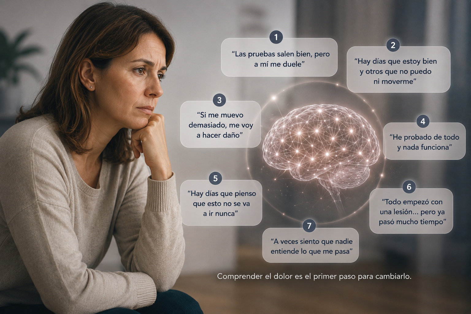 Paciente con dolor persistente y representación visual del cerebro y el sistema nervioso en el dolor crónico